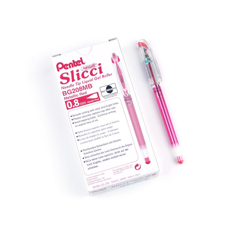 بنتل قلم جل برأس إبرة من Pentel Arts Slicci Metallic 0.8 مم، حبر أحمر معدني، صندوق من 12 قطعة (BG208-MB) - Image 1